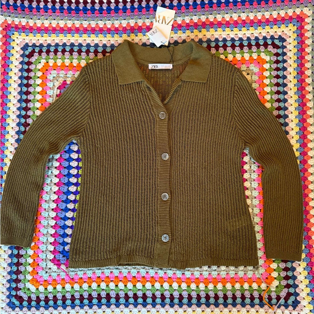 NWT Zara Olive Green Knit Button-Up Cardigan - M